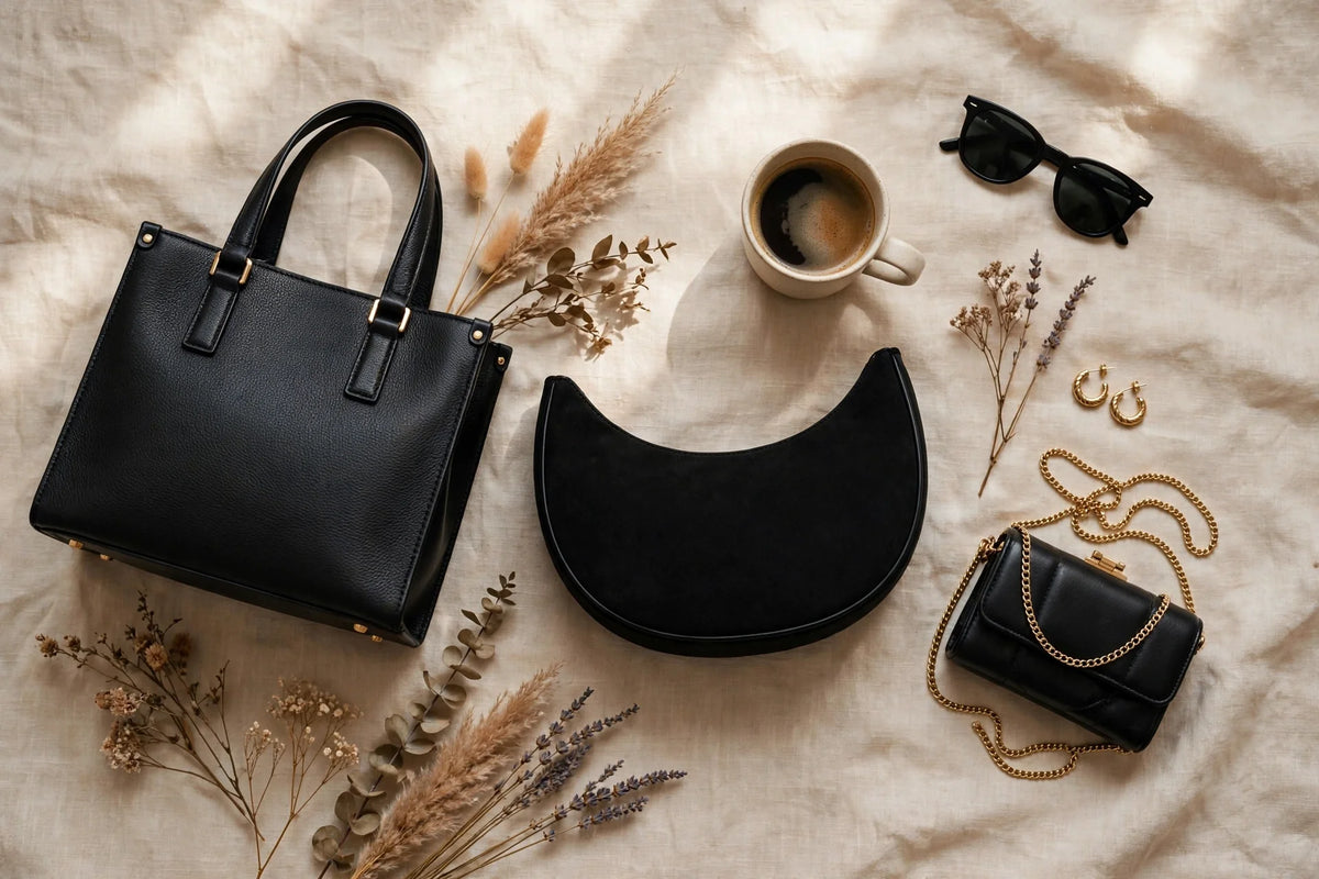 Flat-lay of black handbags styled with coffee, sunglasses and jewellery
