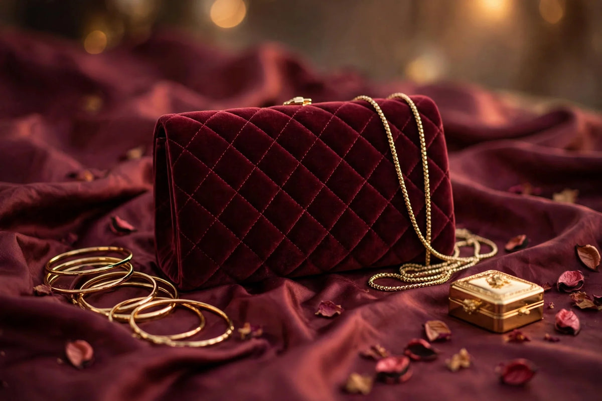 Deep maroon quilted bridal clutch with gold chain strap on silk with gold bangles and rose petals