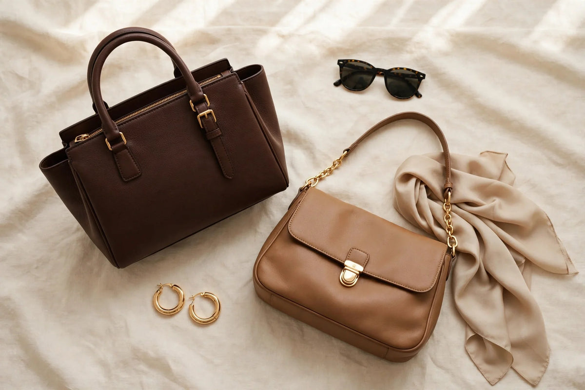 Brown and tan leather handbags styled on a cream background