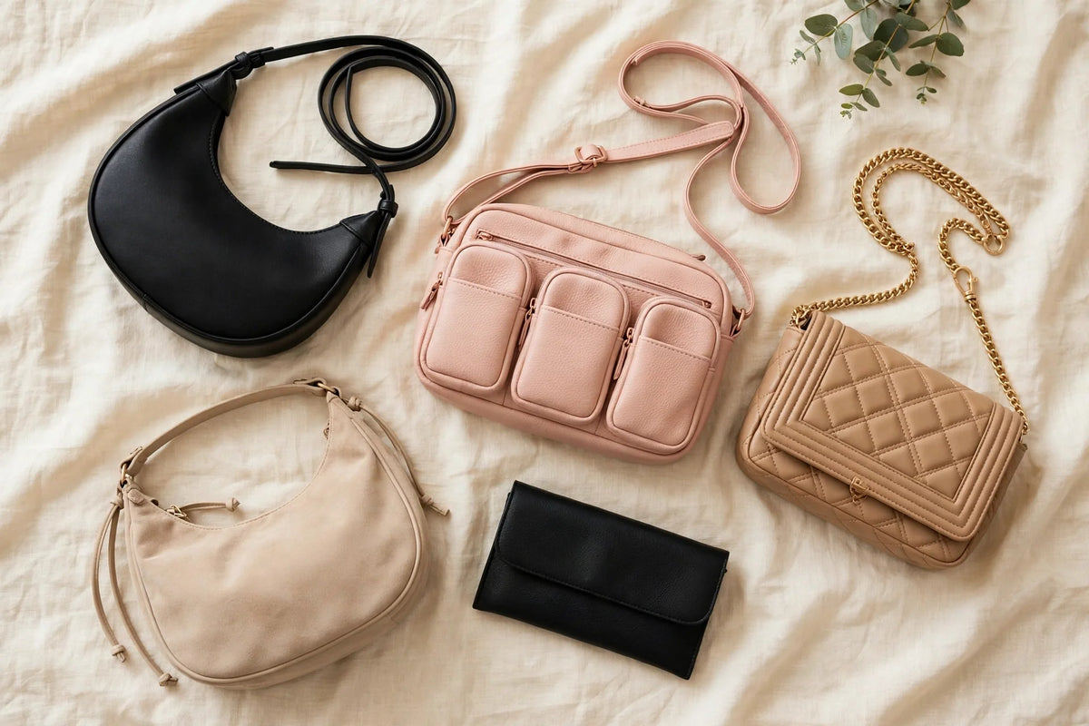 Flat-lay of eight affordable women's handbags under Rs 1,500: crescent bags, crossbodies, a quilted chain bag, a clutch and a wallet