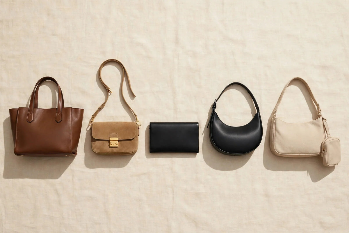 Five women's handbags in a row: brown leather tote, tan suede crossbody, black clutch, black crescent bag and beige shoulder bag on cream linen
