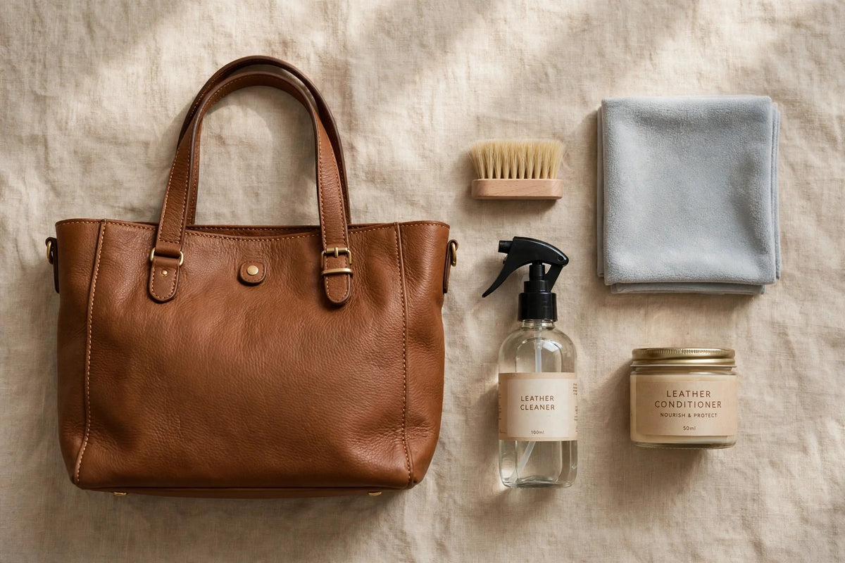 Tan leather tote handbag with a handbag care kit: microfibre cloth, soft brush, leather cleaner spray and conditioner jar