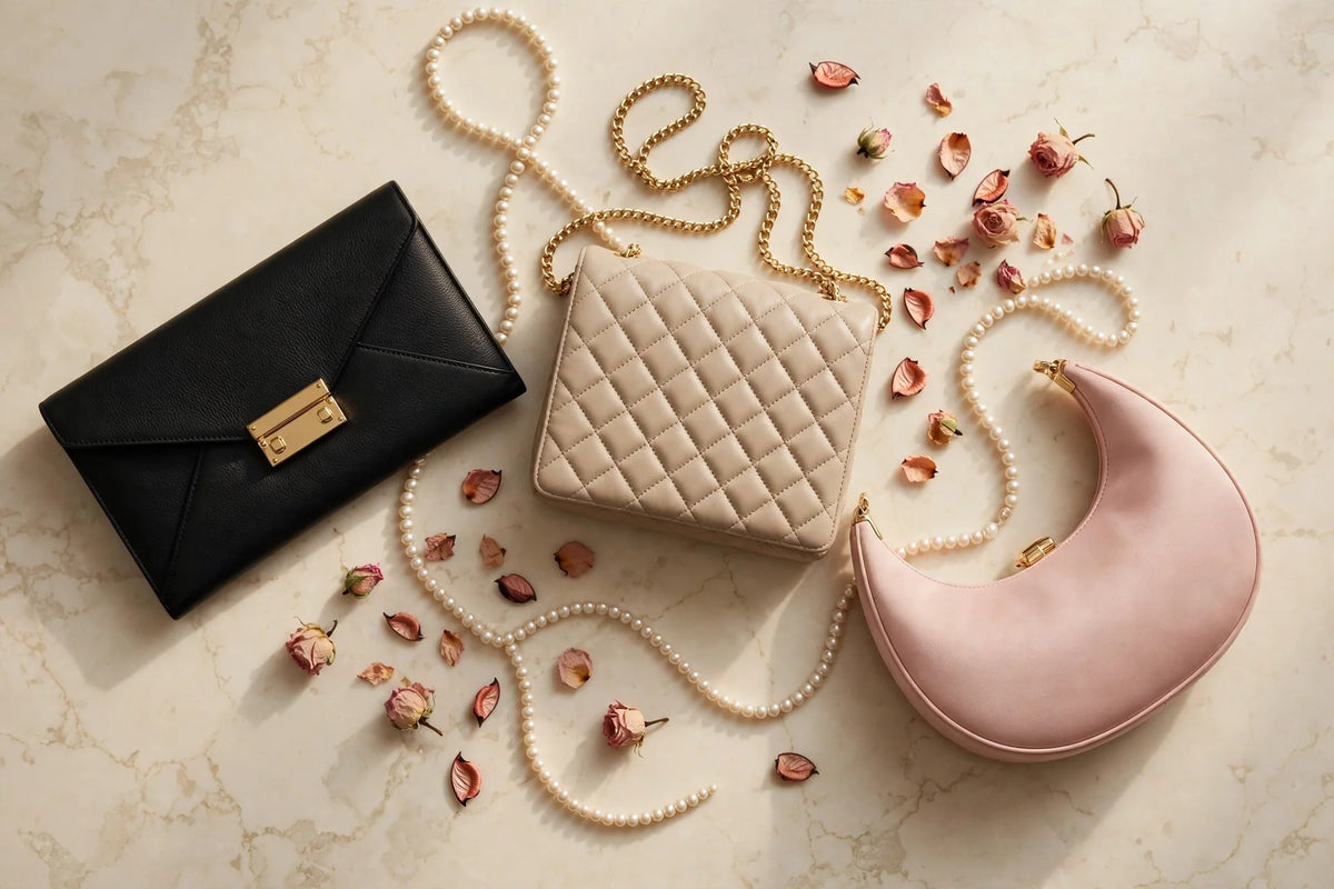 Evening clutch collection flat-lay: black envelope clutch, quilted beige chain clutch and blush crescent evening bag