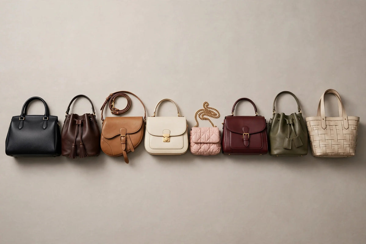 Women's handbags in eight colours arranged in a row: black, brown, tan, cream, blush pink, maroon, olive green and beige