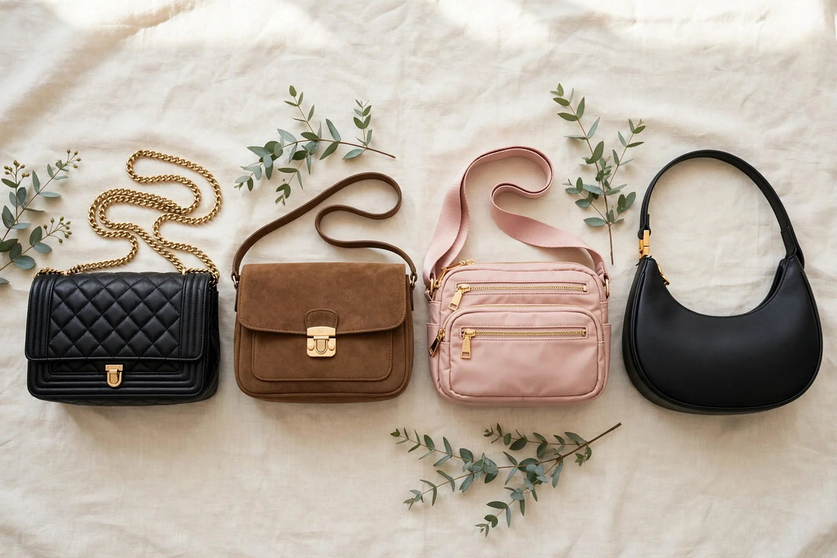 Four crossbody handbags flat-lay: quilted black with gold chain, brown suede flap, blush pink multi-pocket, and black crescent bag