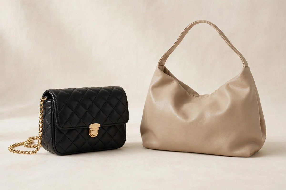 Crossbody vs shoulder bag comparison: quilted black crossbody with gold chain next to beige shoulder hobo bag