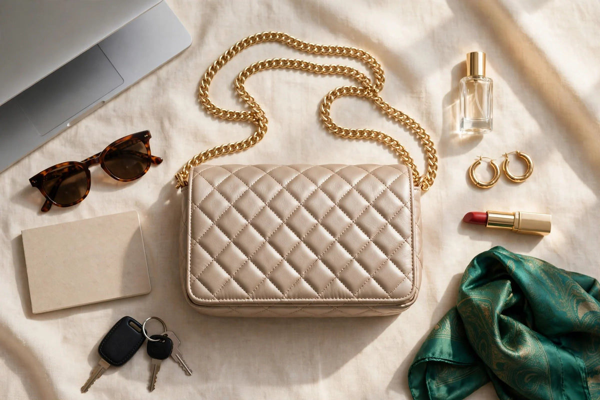 Quilted champagne handbag with gold chain strap between daytime office essentials and evening accessories
