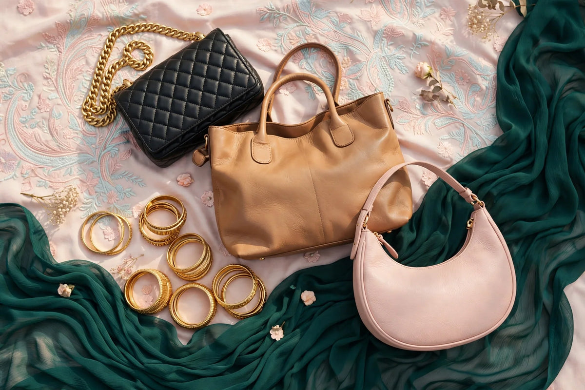Handbags styled with Pakistani fabrics: quilted black chain bag, tan leather tote and pink crescent on embroidered lawn and emerald chiffon