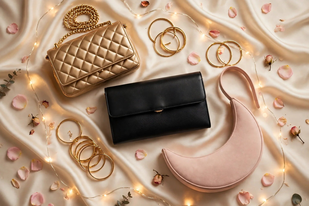 Festive Eid flat-lay with quilted gold-chain bag, black clutch and blush crescent bag on cream silk with gold bangles