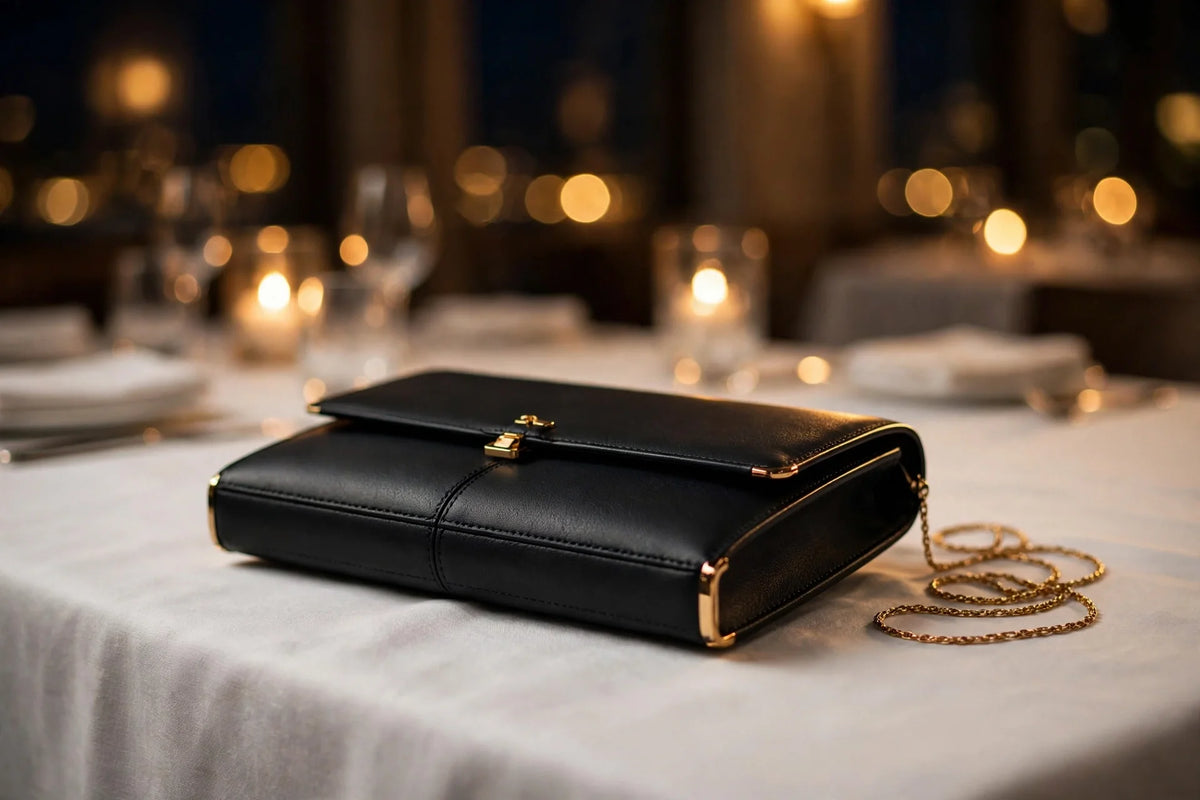 Black leather evening clutch with gold chain strap on a dinner table