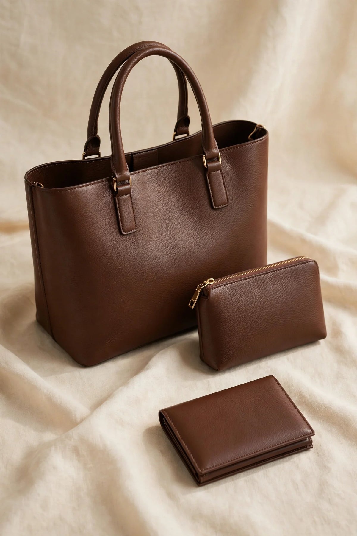 Everly 3-piece leather bag set: brown tote, zipper pouch and wallet