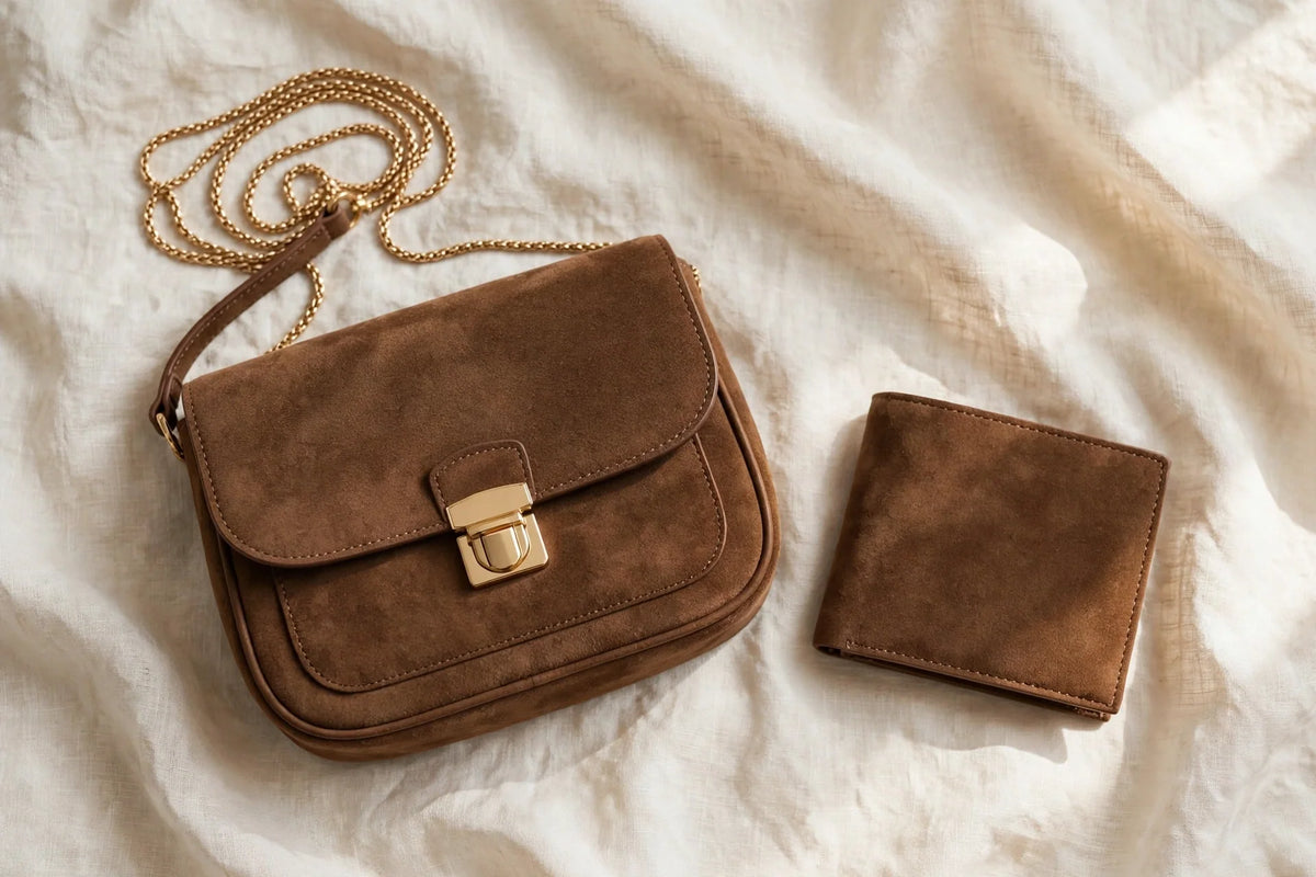 Brown suede flap crossbody bag with gold-tone clasp and matching wallet on cream linen