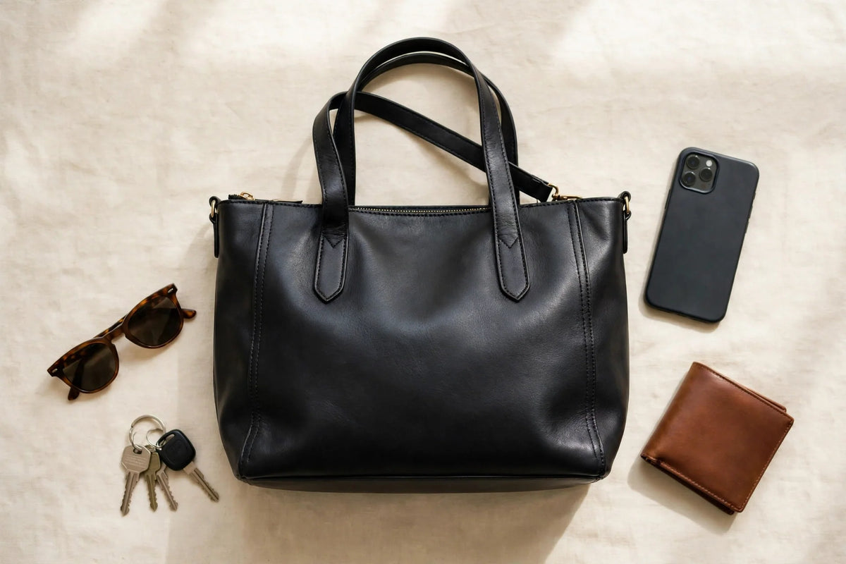 Black leather tote handbag flat-lay with phone, wallet, keys and sunglasses on cream background