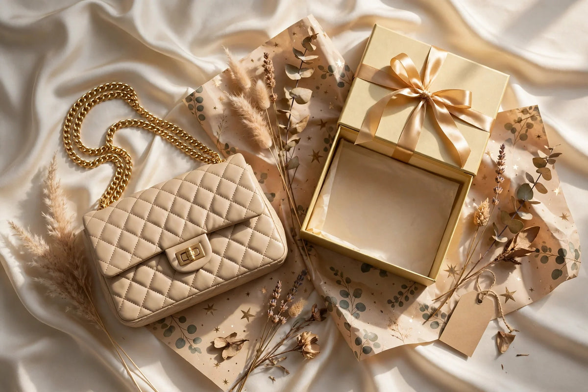 Champagne quilted handbag with gold chain strap beside a gift box tied with gold ribbon on cream silk