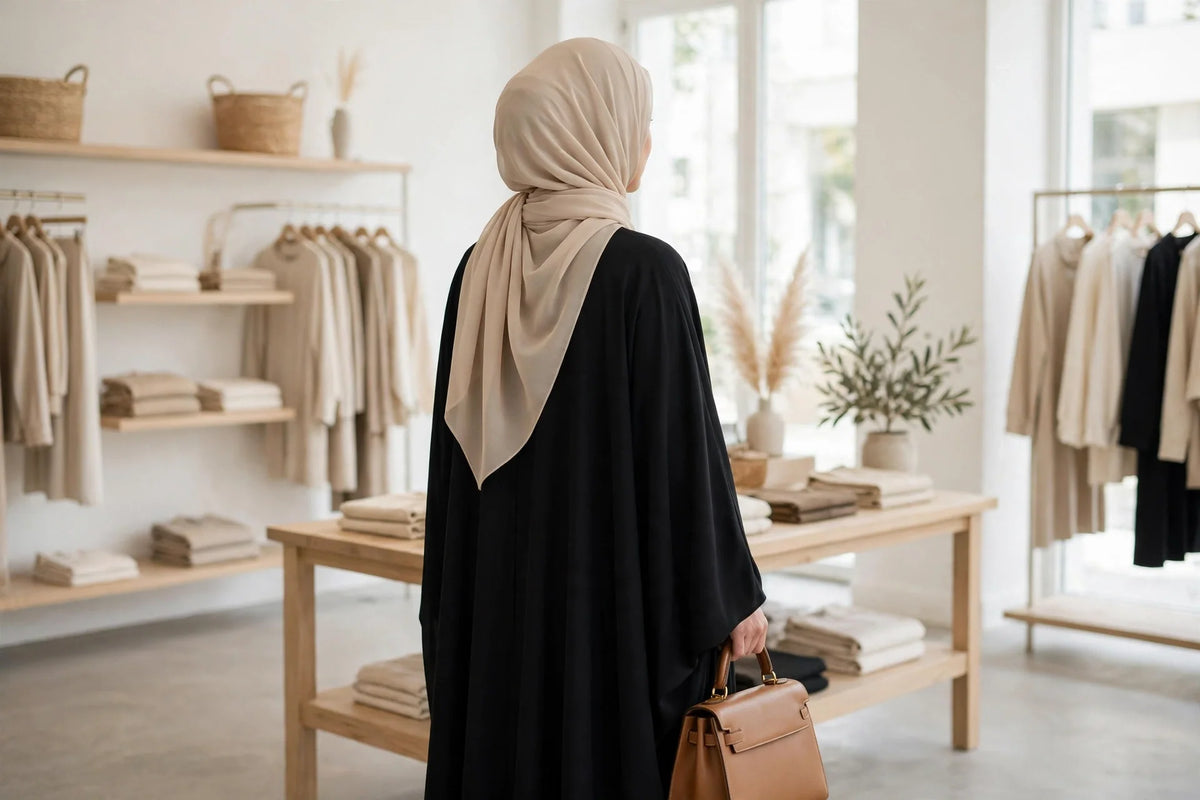 Woman in black abaya and beige hijab holding a structured tan handbag