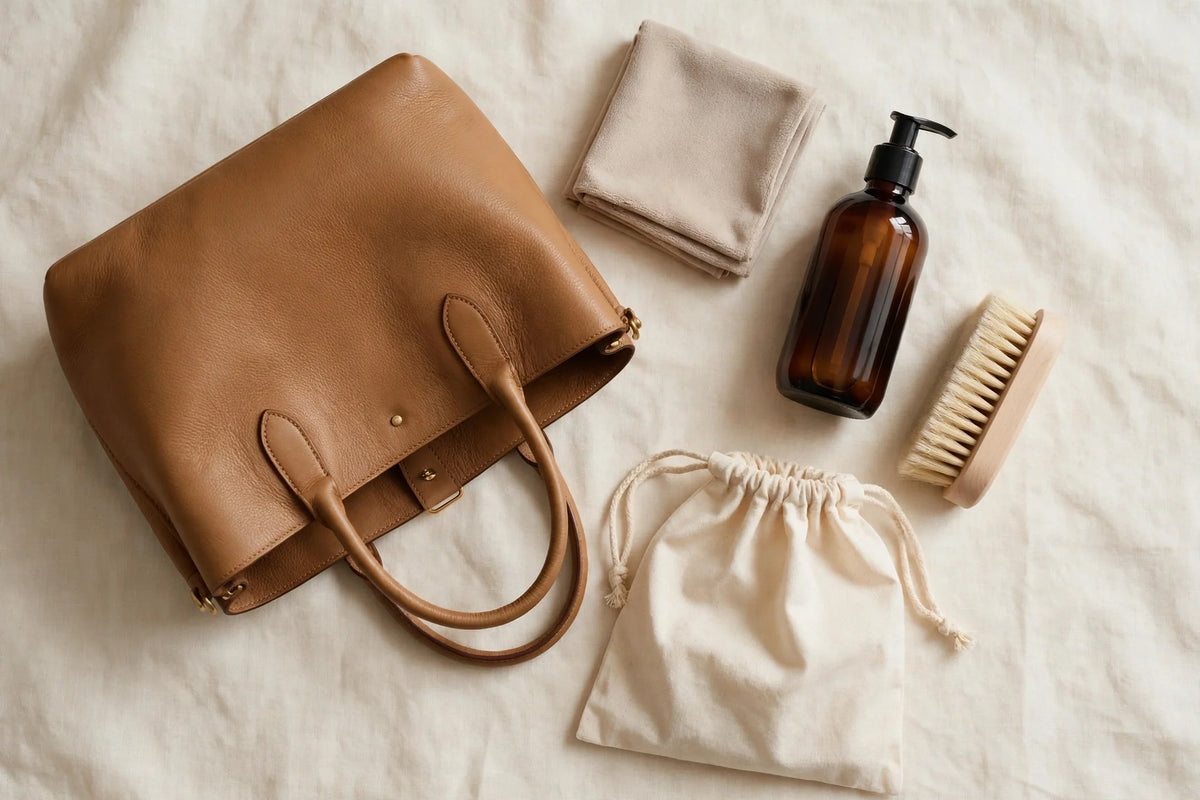 Handbag care essentials flat lay