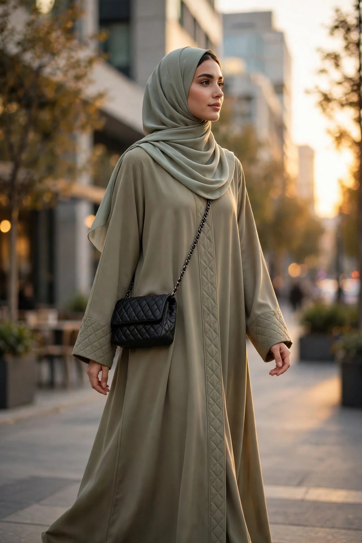 Woman in hijab and abaya wearing a quilted crossbody bag on a city street