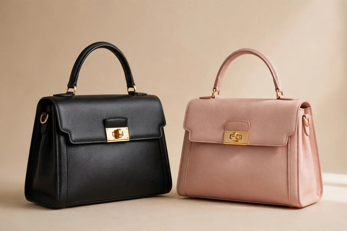 Black leather handbag beside a blush pink faux leather handbag