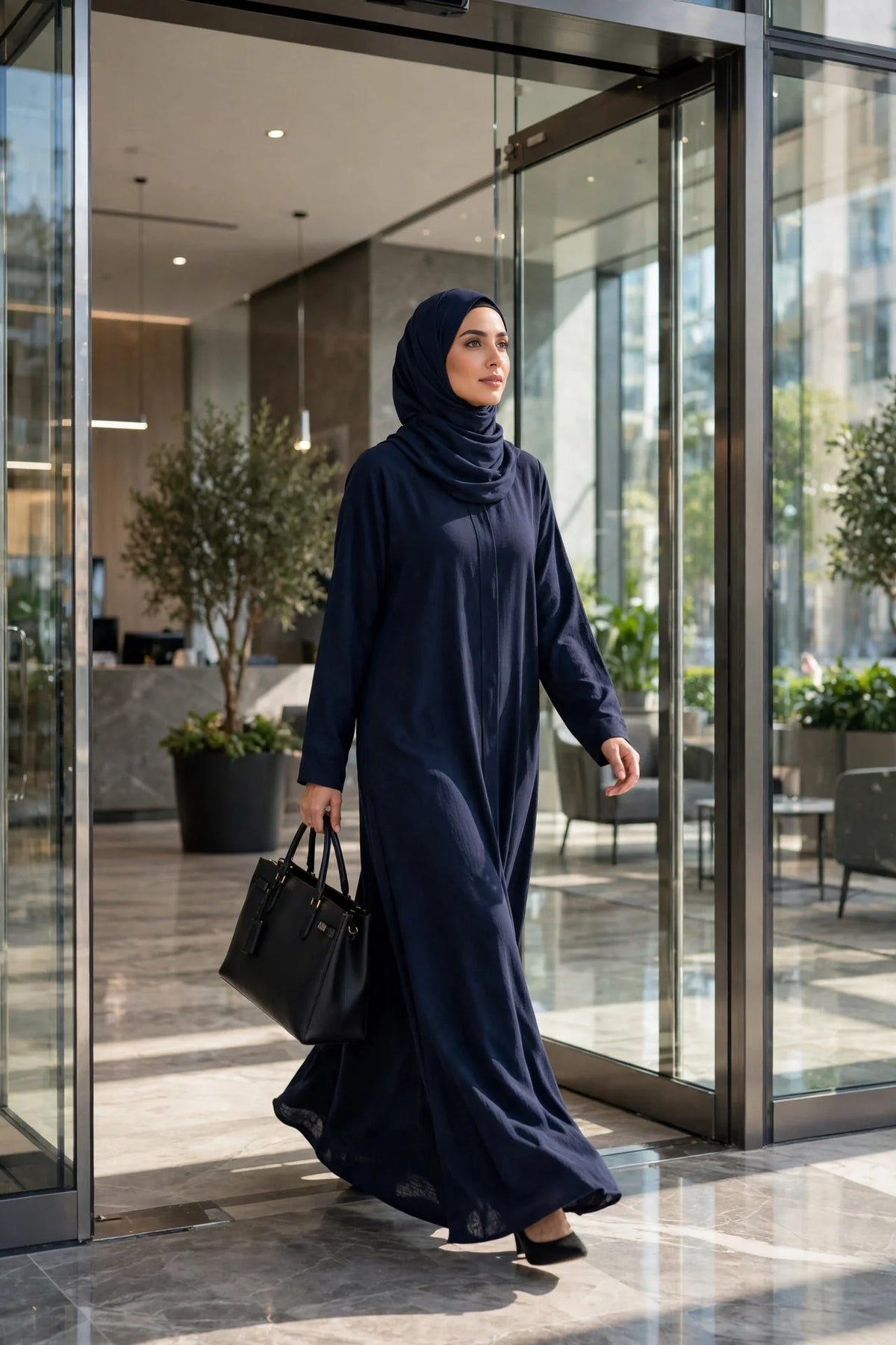 Woman in hijab and abaya carrying a structured office handbag in a modern office lobby