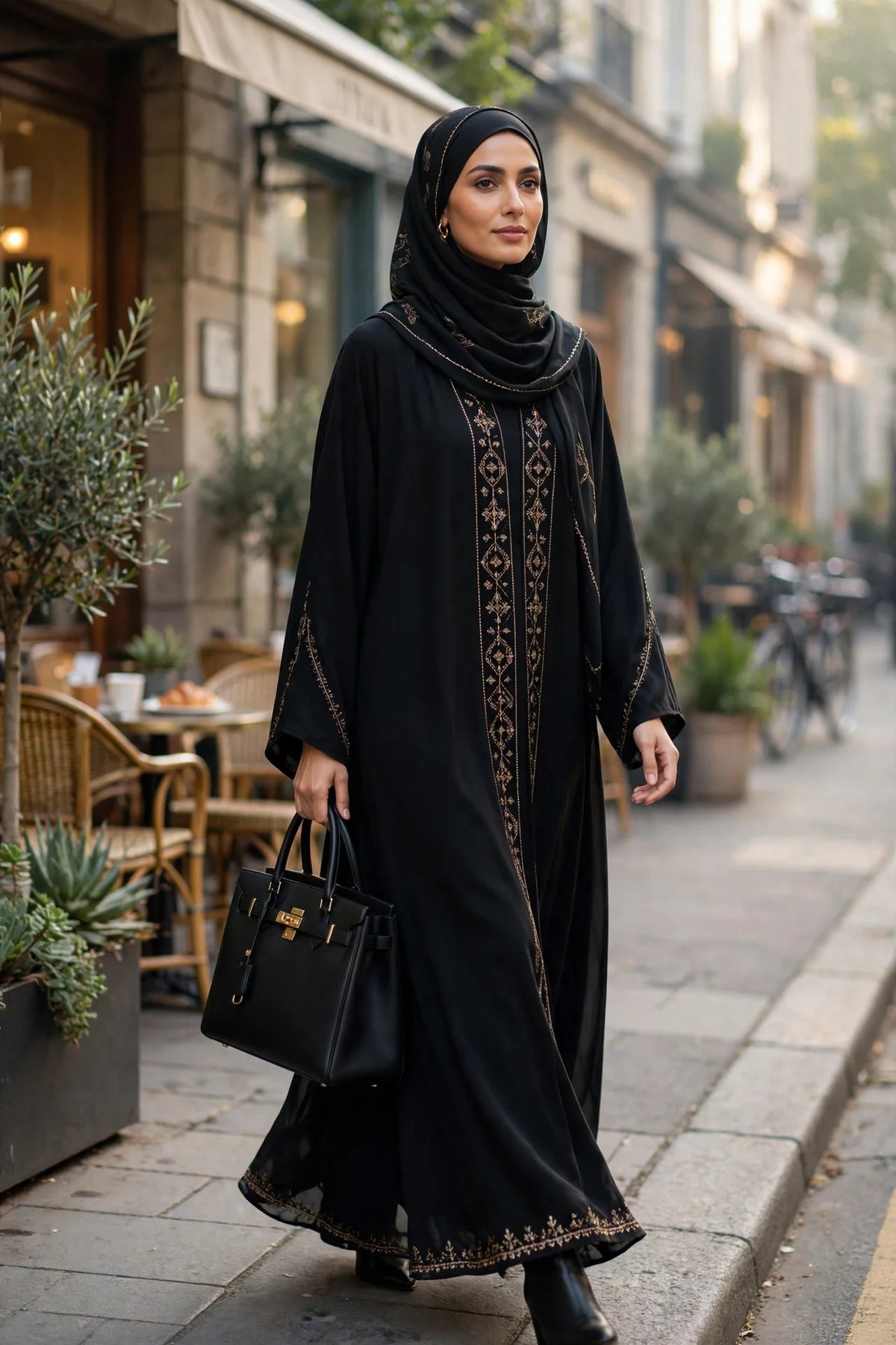 Woman in abaya and hijab with leather tote bag