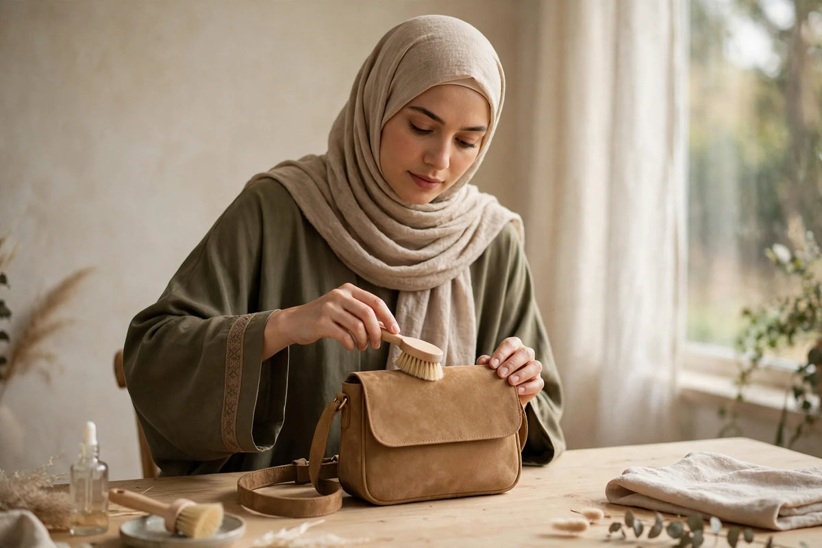 Woman in hijab and abaya brushing a suede handbag