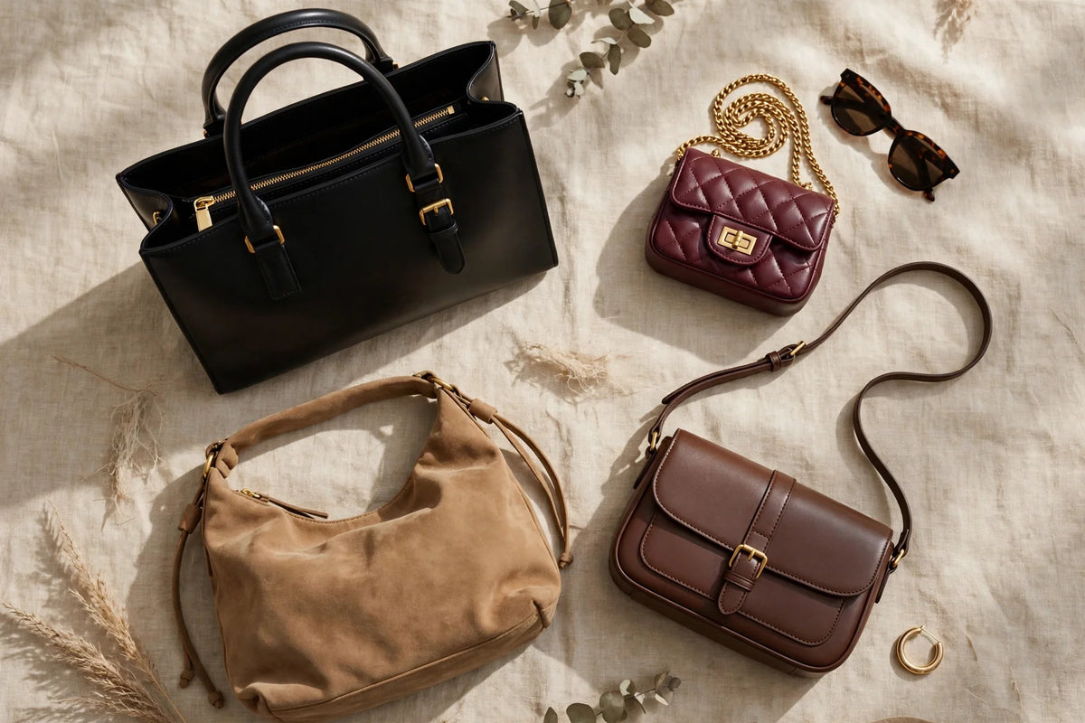 2026 handbag trends flat lay