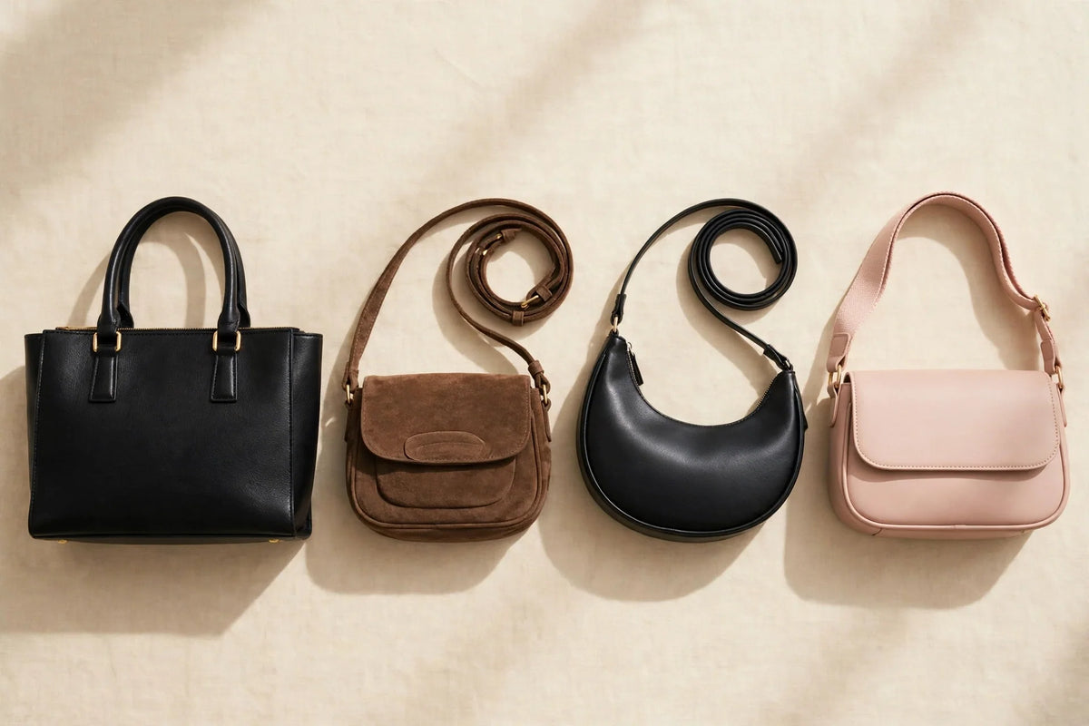 Four women's handbags in different materials — black leather tote, brown suede crossbody, black faux-leather crescent bag and blush vegan-leather shoulder bag — flat-lay on cream background