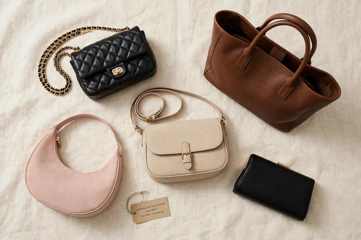 Best handbags under Rs 2,000 in Pakistan: quilted chain bag, brown tote, blush crescent bag and black clutch flat-lay