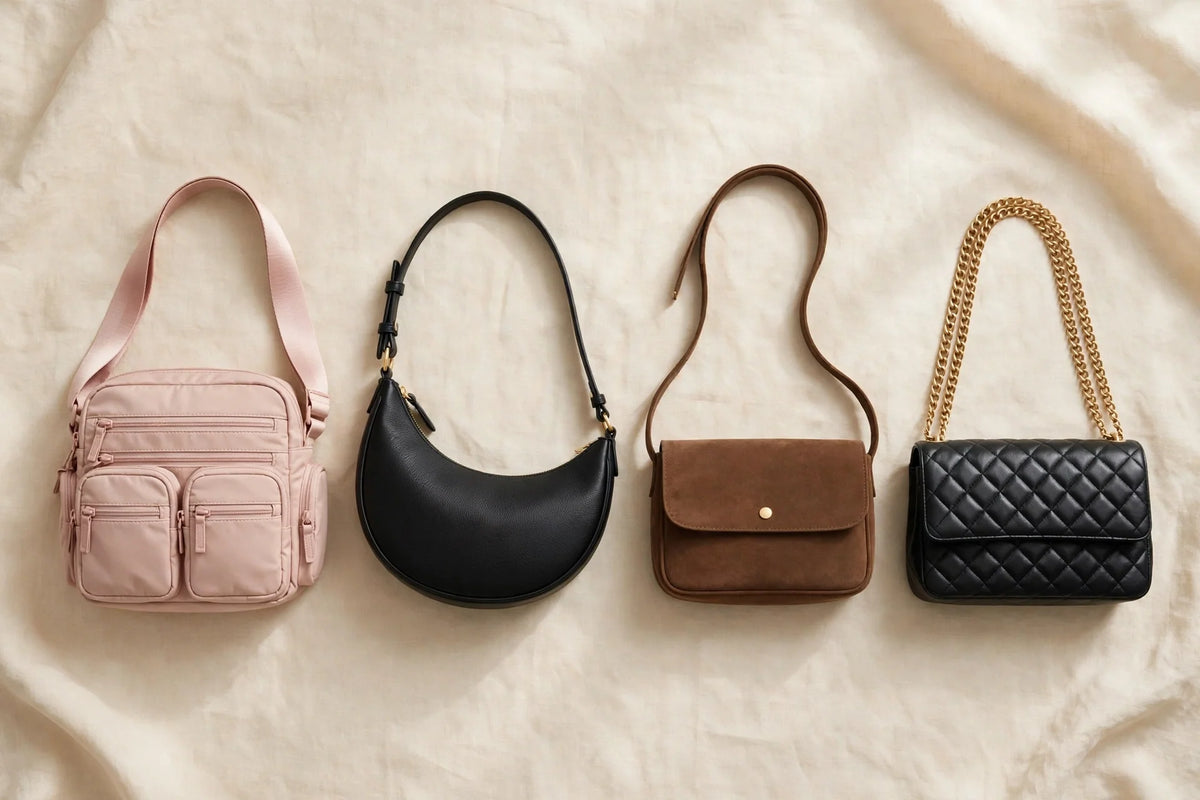 Four women's crossbody bags in blush pink, black crescent, brown suede and quilted gold-chain styles