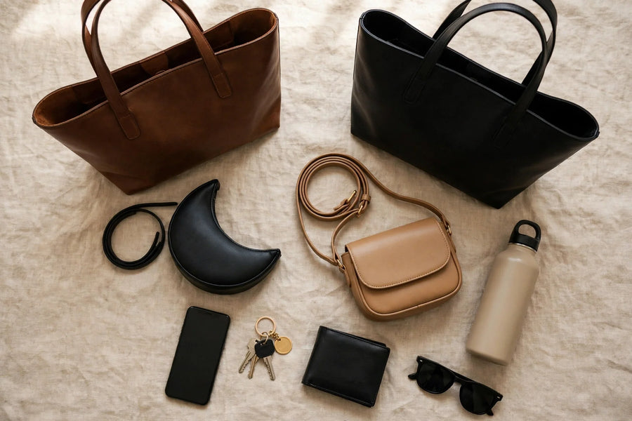 Everyday handbags for women in Pakistan arranged as a flat lay with daily essentials