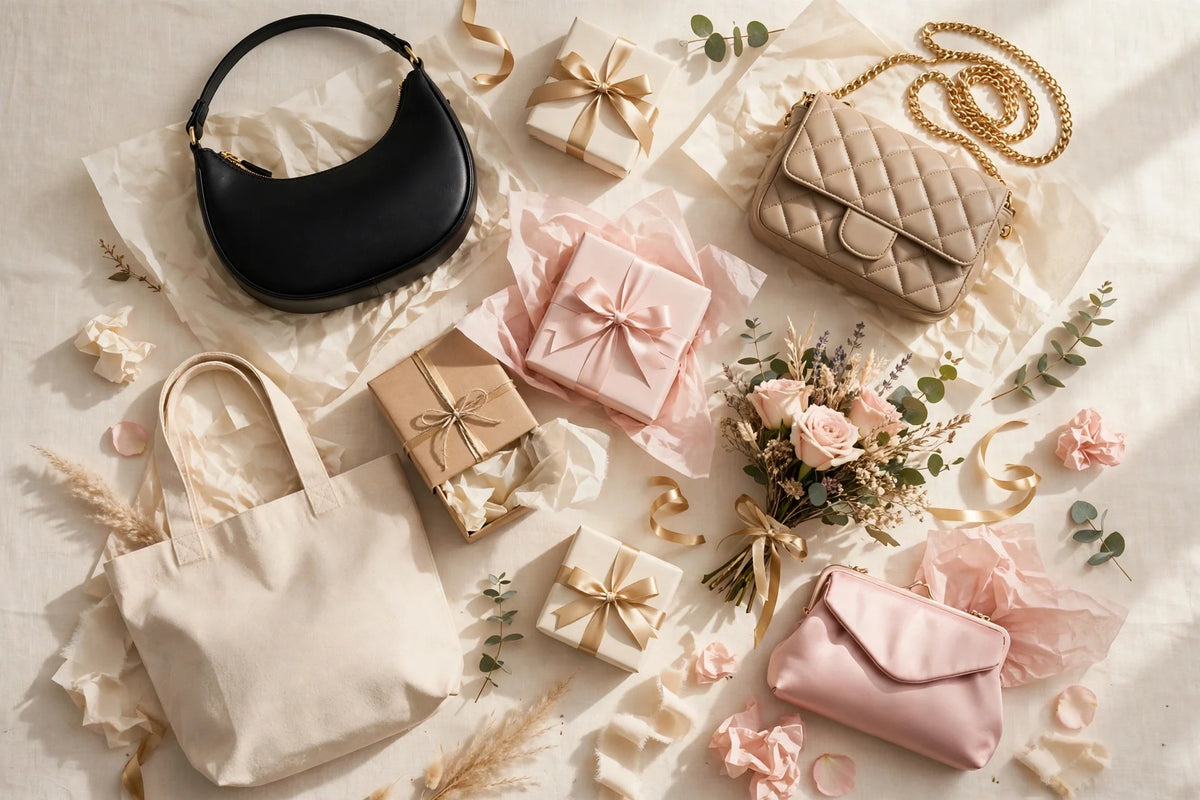 Gift handbags for her in Pakistan arranged with gift boxes and ribbon