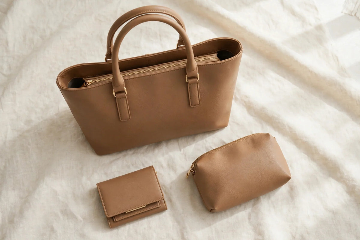 A tan 3-piece women's handbag set with tote bag, pouch and wallet on cream linen