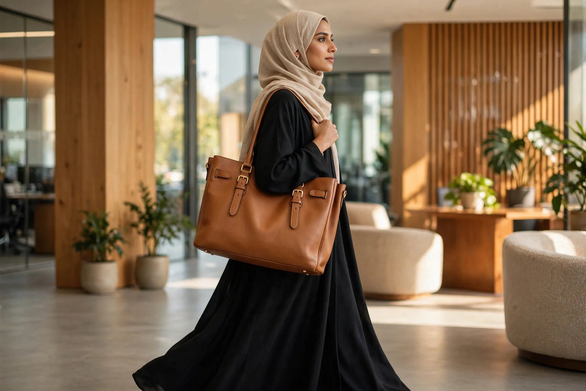 Woman in hijab and abaya carrying the tan Office Mate work tote