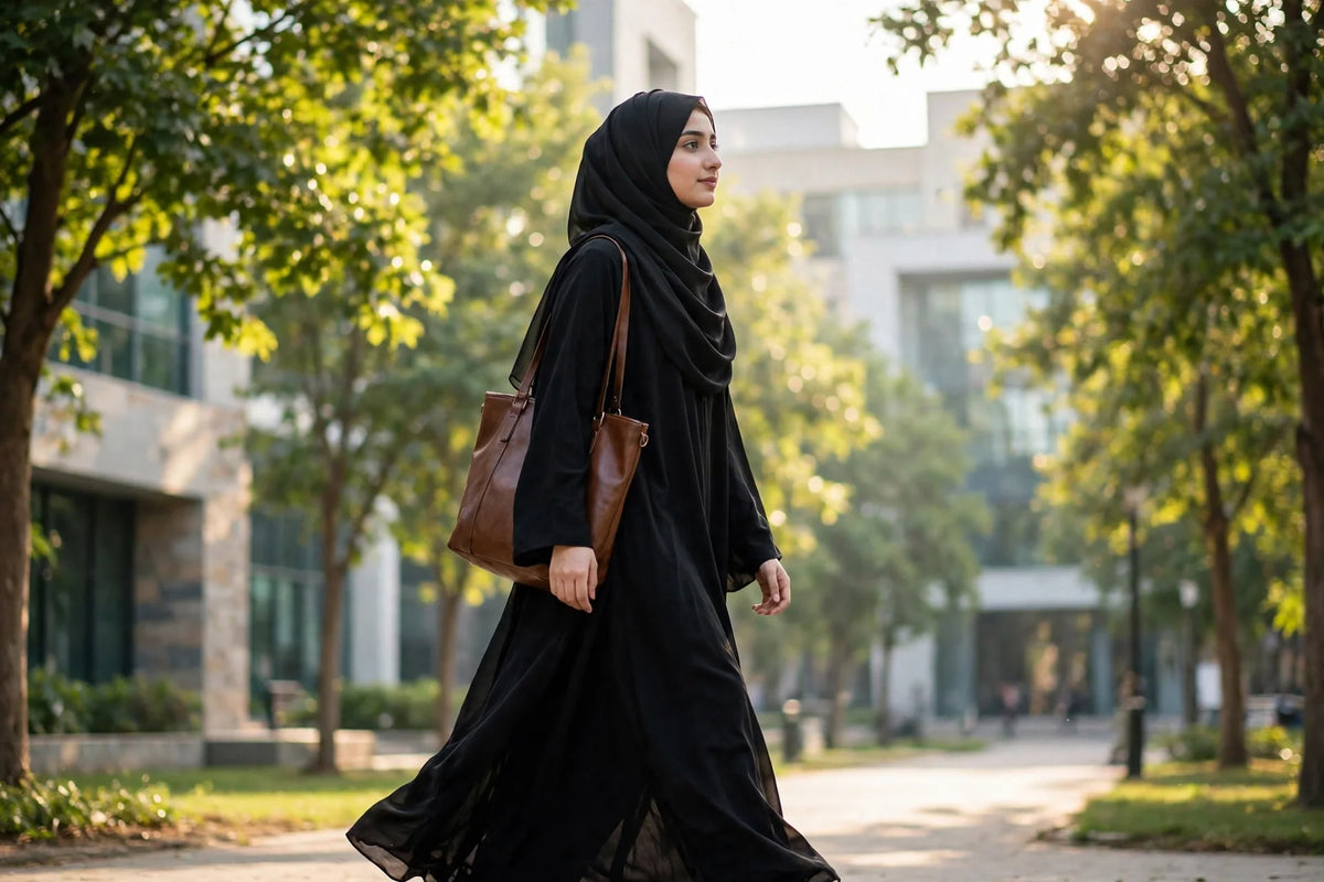 Pakistani university student in hijab and abaya carrying a brown leather tote bag across campus