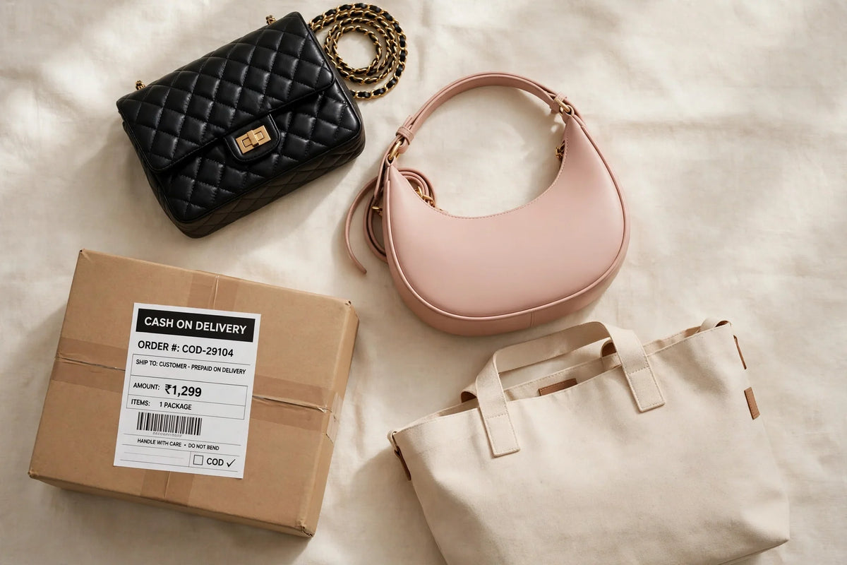 Women's handbags beside a cash on delivery parcel