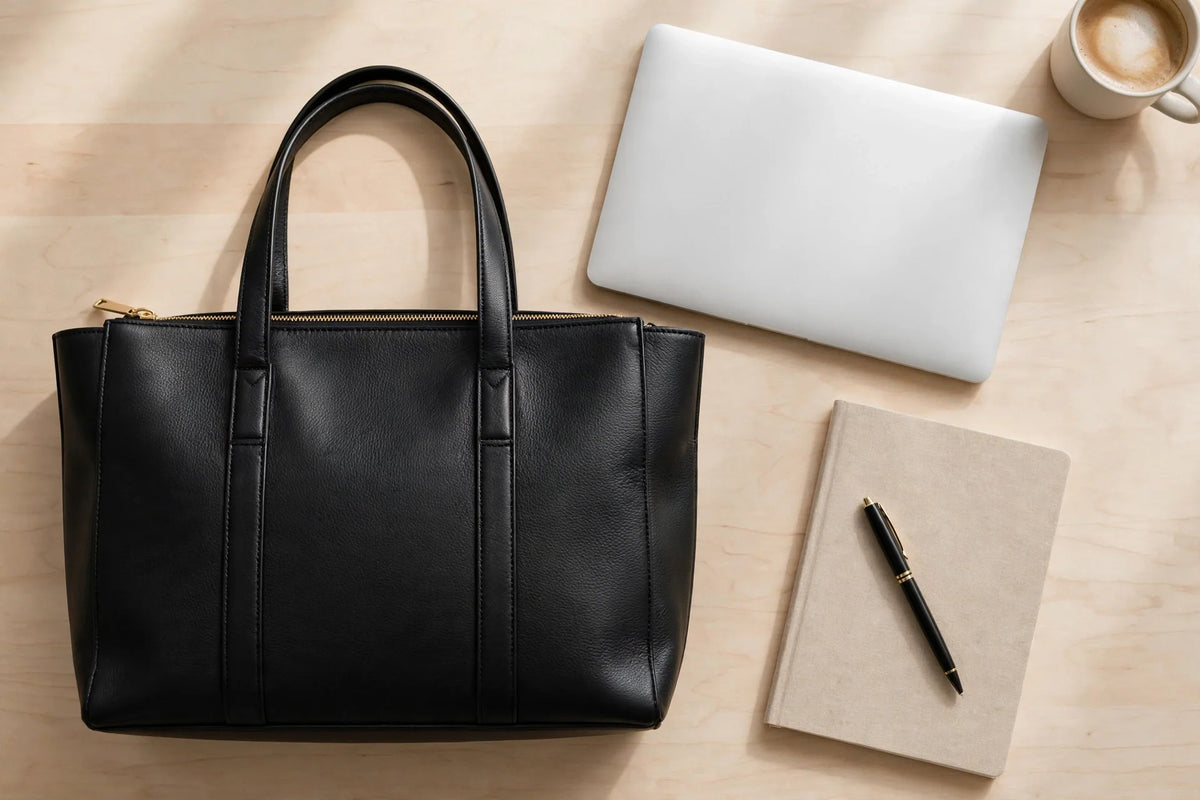 Black office tote bag on a desk beside a laptop, notebook and coffee