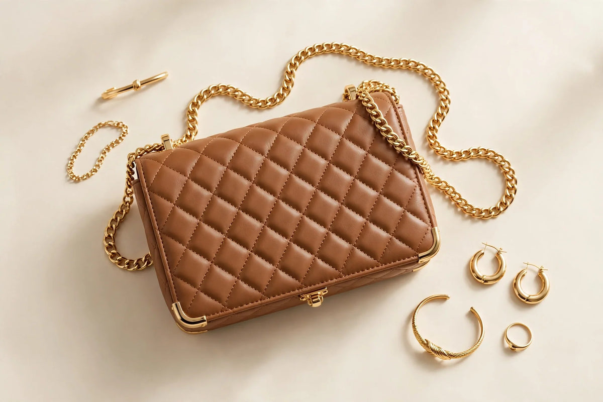 Quilted crossbody bag with gold chain strap in tan brown