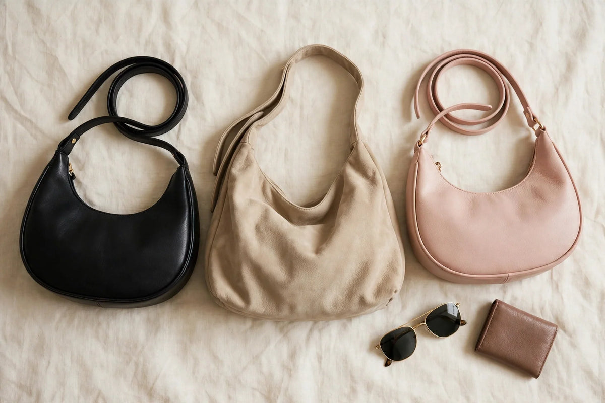 Three Rs 999 handbags: black crescent bag, beige hobo bag and blush pink crescent bag on cream fabric
