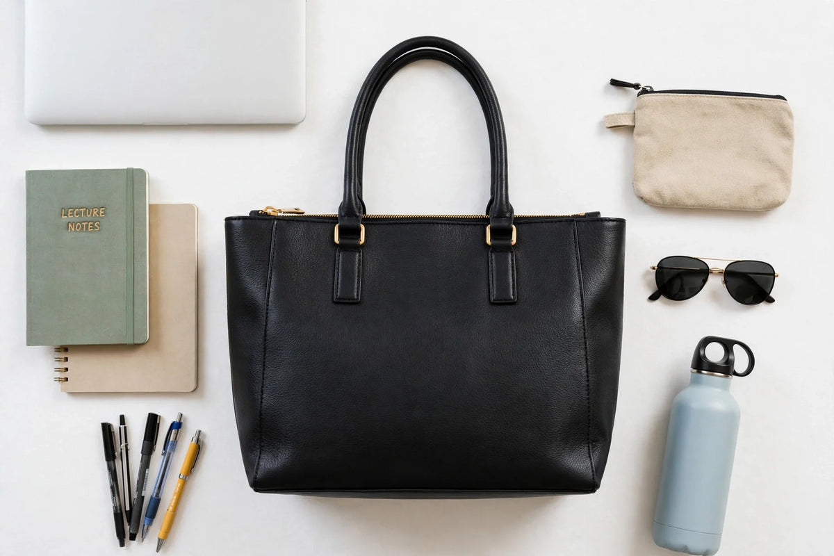 Large black leather tote bag flat-lay with university essentials: laptop, notebooks, pens, water bottle and pouch