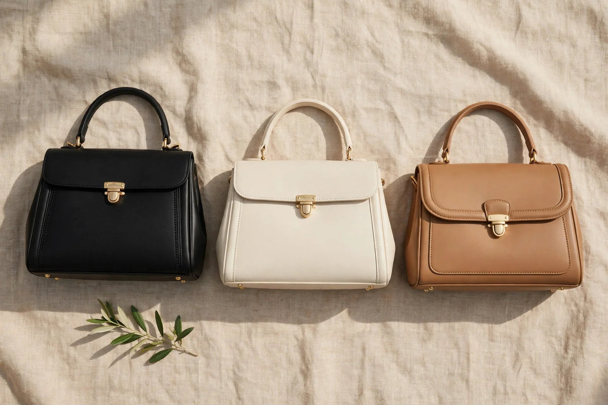 Three vegan leather handbags in black, cream and tan on beige linen