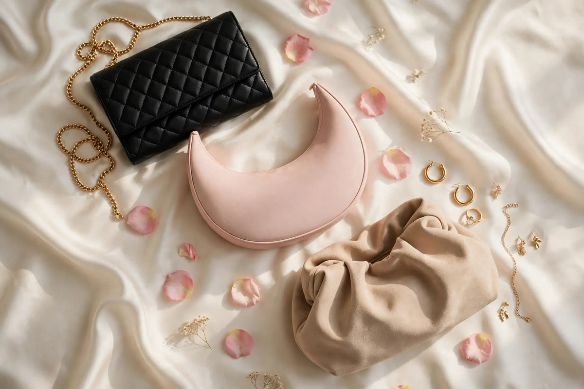 Wedding clutch bags in black quilted gold-chain, blush crescent and beige styles on ivory silk with rose petals