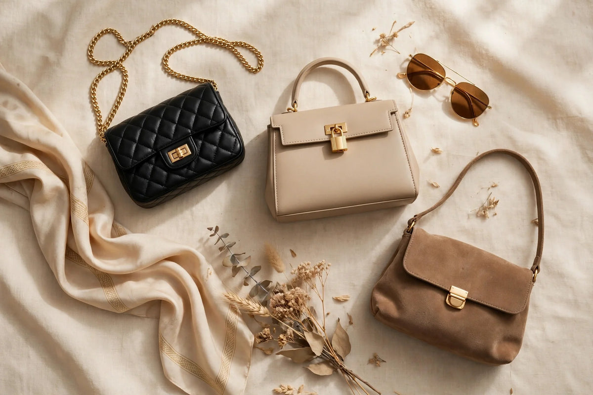 Flat lay of three mini handbags in warm neutrals: black quilted crossbody with gold chain, beige mini top-handle bag and mocha suede mini shoulder bag