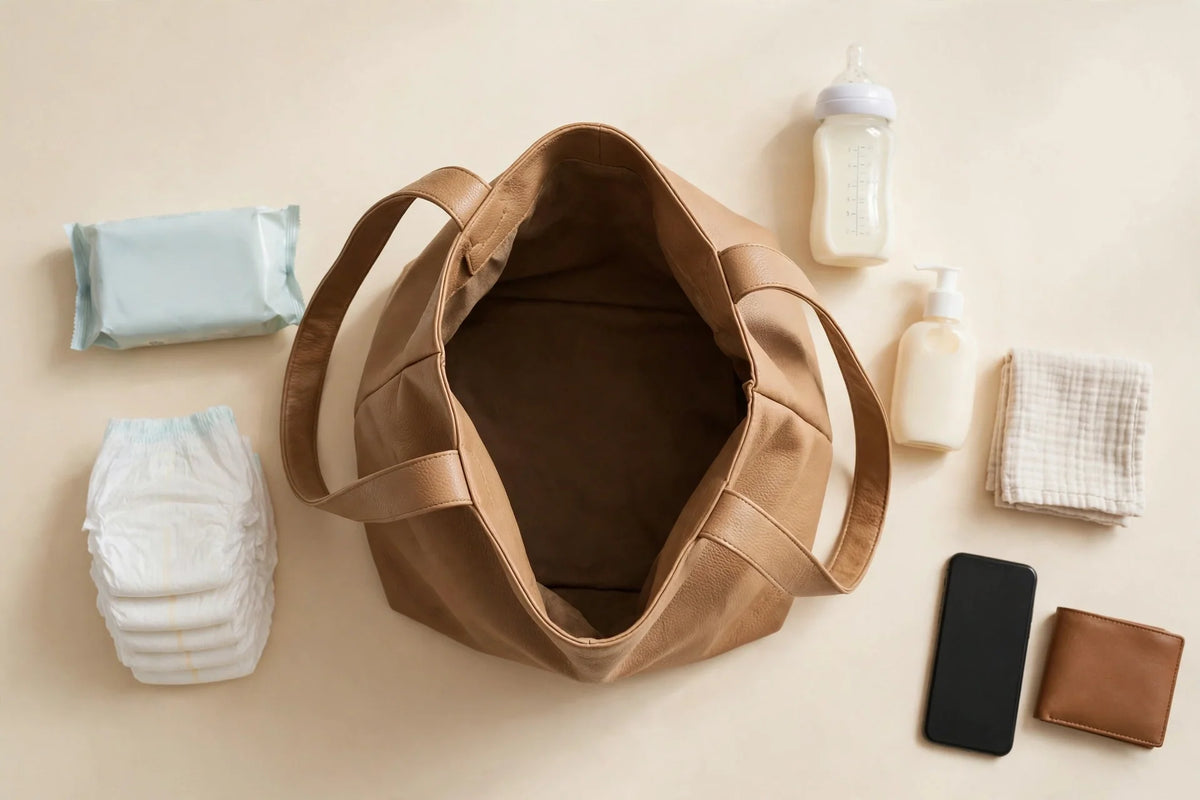 Large tan leather tote handbag surrounded by baby essentials - diapers, wipes, milk bottle, muslin cloth, phone and wallet