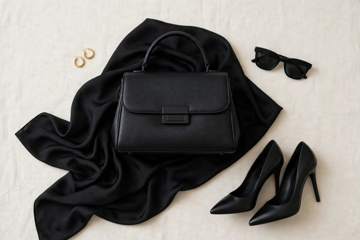 All-black monochrome outfit flat-lay with black handbag