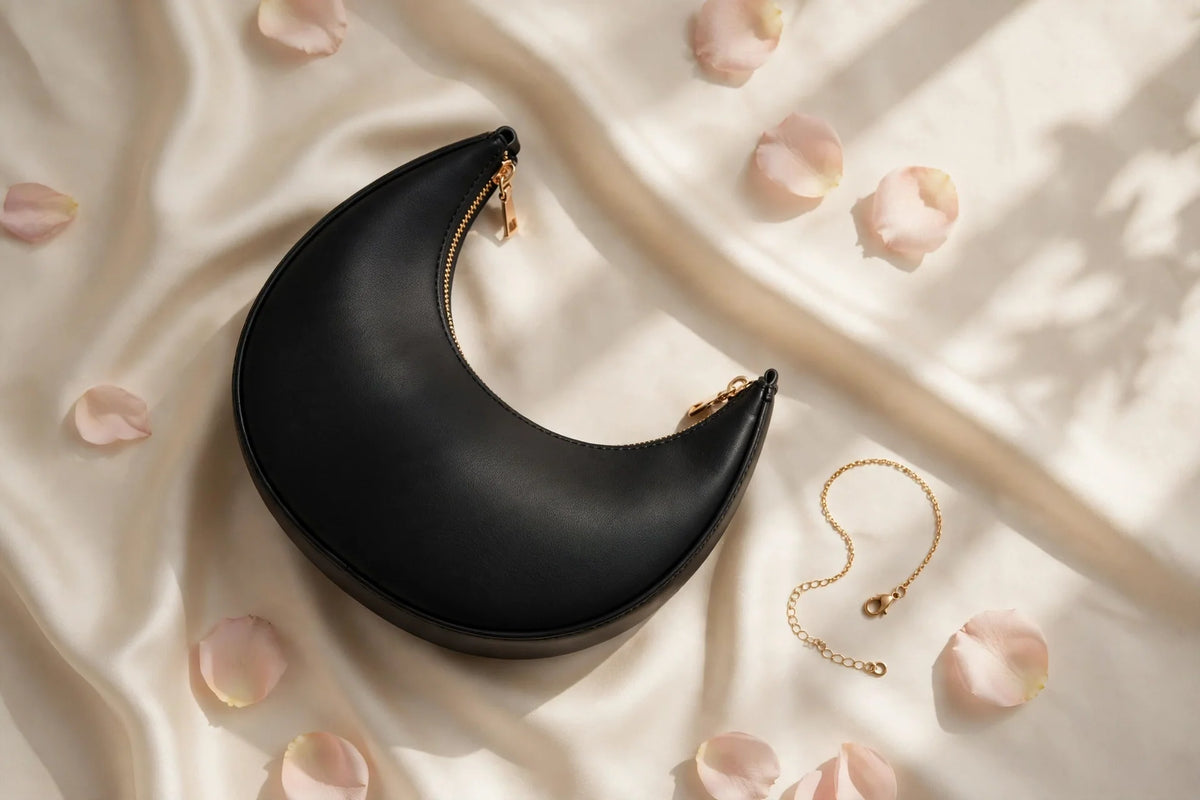 Black crescent handbag with gold zipper styled on ivory silk with blush rose petals