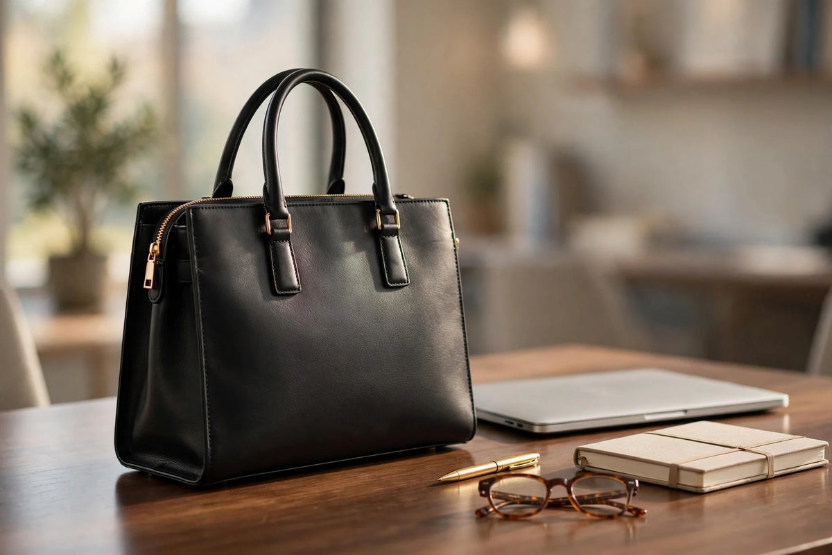 Black structured leather office tote on a desk with laptop and notebook
