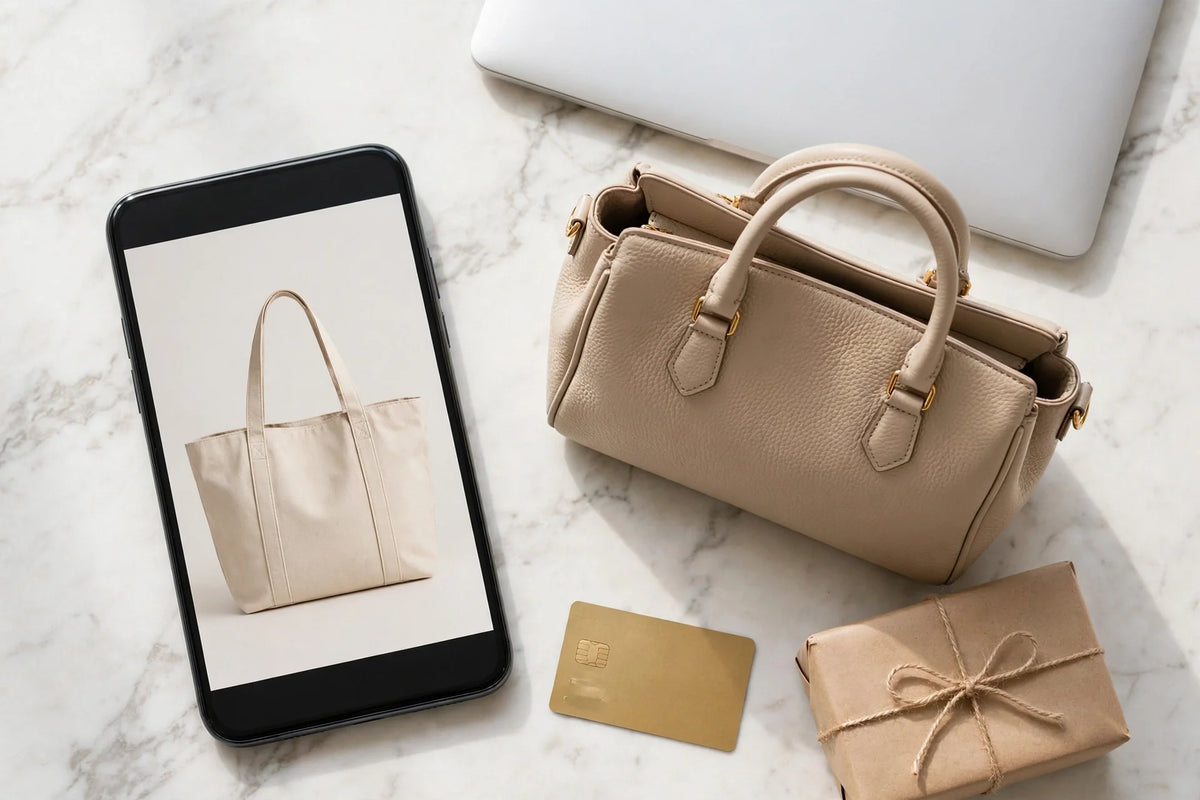 Online handbag shopping in Pakistan: smartphone with a handbag product page, handbag, laptop and delivery parcel