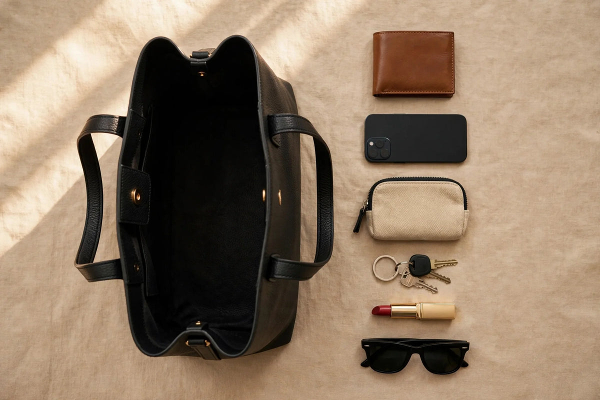 Open organized handbag flat-lay with tidy everyday essentials