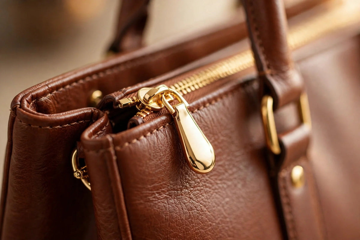 Close-up of a gold zipper pull and hardware on a brown leather tote bag