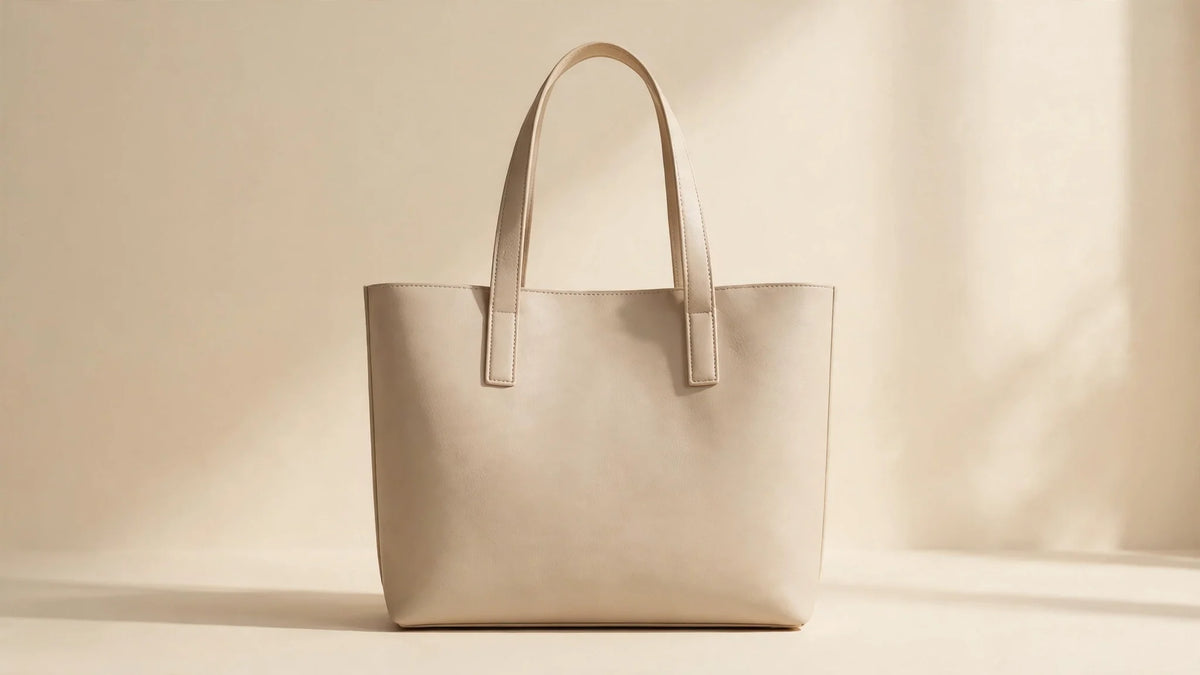 Minimalist beige leather tote handbag in the quiet luxury style